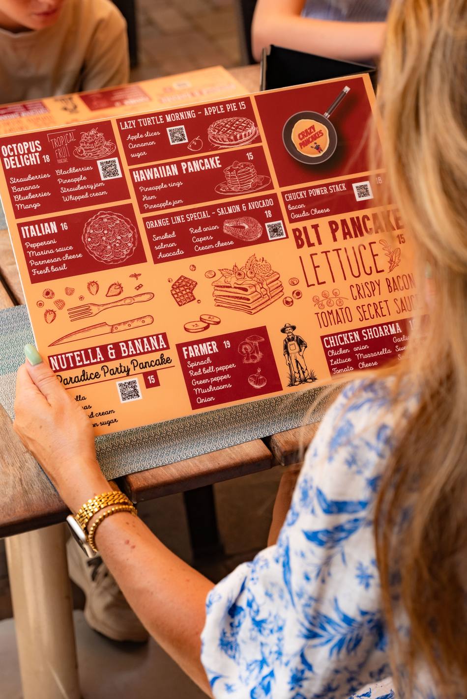 The Crazy Pancakes Aruba menu with signature Dutch pancakes